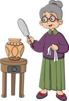 vieux femme femme au foyer essuyage le poussière de vase avec brosse vecteur
