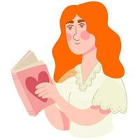 femme, fille avec rouge cheveux en train de lire une roman.coeurs dans sa yeux.lire livres amoureux. relaxant temps à en lisant. vecteur