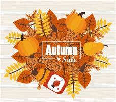 affiche de saison de vente automne avec des épices et des feuilles en fond de bois vecteur