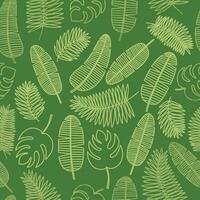 tropical feuilles vert sans couture modèle. main tiré sortes de tropical feuilles modèle. monstère, paume feuille, banane feuille vecteur