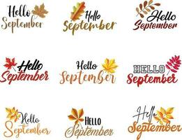 Bonjour septembre magnifique typographie art avec tomber feuilles, vecteur