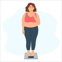 triste, en surpoids femme est permanent sur le Balance. le concept de mal en mangeant des habitudes, gourmandise, obésité et mauvais pour la santé alimentaire. vecteur illustration