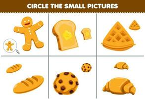 éducation Jeu pour les enfants cercle le petit image de mignonne dessin animé pain d'épice pain grillé gaufre biscuit croissant imprimable nourriture feuille de travail vecteur