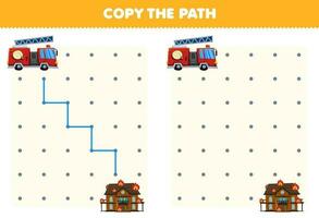 éducation Jeu pour les enfants copie le chemin Aidez-moi camion de pompier bouge toi à le Feu maison imprimable transport feuille de travail vecteur