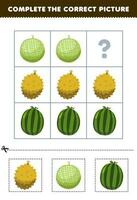 éducation Jeu pour les enfants à choisir et Achevée le correct image de une mignonne dessin animé durian melon ou pastèque imprimable fruit feuille de travail vecteur