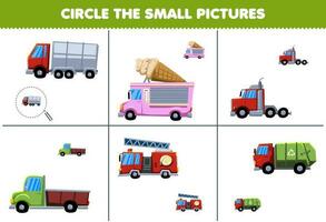 éducation Jeu pour les enfants cercle le petit image de mignonne dessin animé un camion imprimable transport feuille de travail vecteur