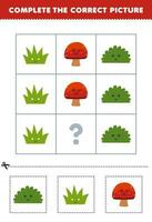 éducation Jeu pour les enfants à choisir et Achevée le correct image de une mignonne dessin animé herbe brosse ou champignon imprimable la nature feuille de travail vecteur