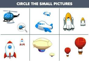 éducation Jeu pour les enfants cercle le petit image de mignonne dessin animé hélicoptère avion vaisseau spatial fusée Zeppelin ballon imprimable transport feuille de travail vecteur