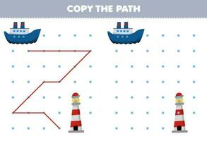 éducation Jeu pour les enfants copie le chemin Aidez-moi traversier navire bouge toi à le phare imprimable transport feuille de travail vecteur