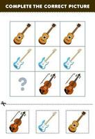 éducation Jeu pour les enfants à choisir et Achevée le correct image de une mignonne dessin animé guitare ou violon imprimable la musique feuille de travail vecteur