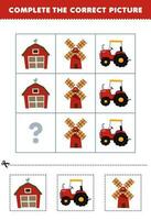 éducation Jeu pour les enfants à choisir et Achevée le correct image de une mignonne dessin animé Grange tracteur ou Moulin à vent imprimable ferme feuille de travail vecteur