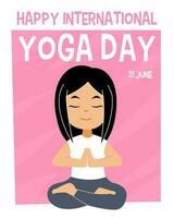 conception pour international yoga journée avec mignonne dessin animé noir cheveux fille méditer illustration vecteur