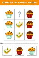 éducation Jeu pour les enfants à choisir et Achevée le correct image de une mignonne dessin animé sandwich petit gâteau ou muffin imprimable nourriture feuille de travail vecteur