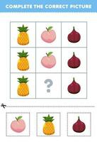 éducation Jeu pour les enfants à choisir et Achevée le correct image de une mignonne dessin animé pêche ananas ou figure imprimable fruit feuille de travail vecteur