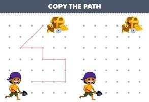 éducation Jeu pour les enfants copie le chemin Aidez-moi garçon avec pelle bouge toi à le Trésor poitrine imprimable pirate feuille de travail vecteur