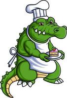 fort crocodile chef mascotte dessin animé personnage avec gâteau vecteur