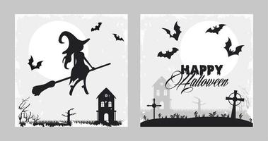 joyeux halloween carte de fête avec sorcière et chauves-souris volant vecteur