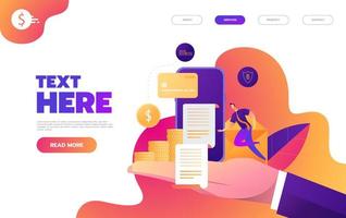 site Web d'application mobile d'entreprise ou conception de page de destination. homme qui court la main à la facture sortant du smartphone. vecteur
