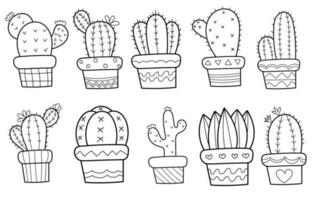 main tiré griffonnage contour cactus dans marmites, botanique intérieur fleurs. pour coloration, imprimer, planificateurs. vecteur dessin animé hygge plat style.