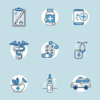 ensemble de neuf icônes de santé médicale vecteur