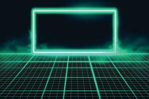 grille de perspective filaire avec cadre néon brillant. abstrait rétro. illustration vectorielle vecteur