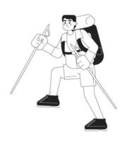 asiatique Jeune Masculin promeneur grimpeur avec trekking poteaux monochromatique plat vecteur personnage. touristique gars. modifiable mince ligne plein corps la personne sur blanche. Facile bw dessin animé place image pour la toile graphique conception