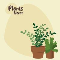 Lot de deux plantes d'intérieur dans des pots en céramique décor et lettrage vecteur