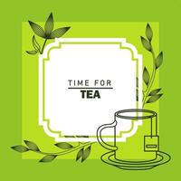 affiche de lettrage temps pour thé avec cadre carré tasse et feuilles vecteur