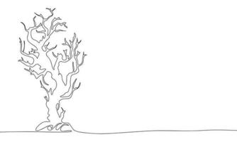 terrifiant arbre. un ligne continu Halloween sec arbre isolé sur blanc Contexte. ligne art contour vecteur illustration.