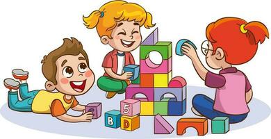 illustration de des gamins en jouant avec coloré blocs sur une blanc Contexte vecteur
