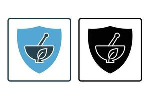 bouclier icône avec à base de plantes médicament. icône en relation à traditionnel médicament. solide icône style conception. Facile vecteur conception modifiable
