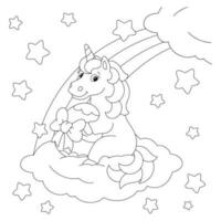 le Licorne est assis sur une nuage avec une cadeau. coloration livre page pour enfants. dessin animé style personnage. vecteur illustration isolé sur blanc Contexte.