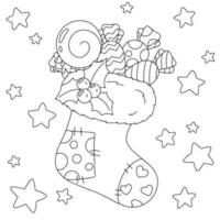page de livre de coloriage pour les enfants. chaussette de noël avec des cadeaux. personnage de style dessin animé. illustration vectorielle isolée sur fond blanc. vecteur