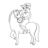 la sorcière chevauche une licorne. page de livre de coloriage pour les enfants. personnage de style dessin animé. illustration vectorielle isolée sur fond blanc. thème d'halloween. vecteur