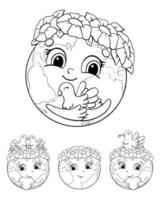 ensemble de planètes mignonnes pour le jour de la terre. page de livre de coloriage pour les enfants. personnage de style dessin animé. illustration vectorielle isolée sur fond blanc. vecteur