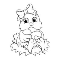 un poussin mignon tient des oeufs de pâques. page de livre de coloriage pour les enfants. personnage de style dessin animé. illustration vectorielle isolée sur fond blanc. vecteur