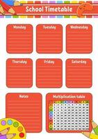 calendrier scolaire avec table de multiplication. pour l'éducation des enfants. isolé sur fond blanc. avec un personnage de dessin animé mignon. vecteur