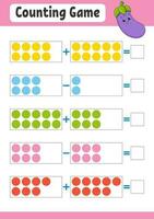 addition et soustraction. tâche pour les enfants. feuille de travail de développement de l'éducation. page couleur de l'activité. jeu pour les enfants. drôle de personnage. illustration vectorielle isolée. style de bande dessinée. vecteur