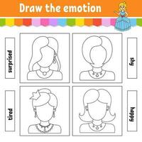 dessiner l'émotion. feuille de travail complète le visage. livre de coloriage pour les enfants. caractère joyeux. illustration vectorielle. silhouette de contour noir. isolé sur fond blanc. vecteur