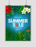 affiche de vente d'été fond naturel avec palmier tropical et feuilles de monstera fleur exotique vecteur