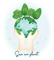 éco environnement amical enregistrer notre planète, deux mains en portant une verdure Terre planète aquarelle peinture. vecteur