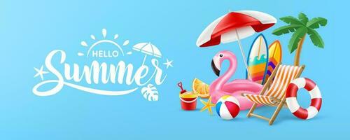 Bonjour été affiche ou bannière modèle avec rose flamant bassin flotter, plage chaises, plage parapluie, planches de surf et été élément sur bleu Contexte. promotion et achats modèle pour été vecteur