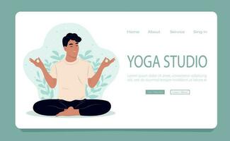 yoga studio la toile page modèle. une homme Est-ce que yoga, méditer. international journée de yoga. moderne concept de plat la toile page conception pour site Internet et mobile placer. vecteur illustration.