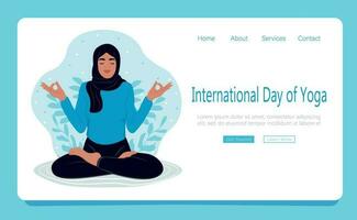 musulman femme avec fermé yeux méditer dans yoga lotus posture. international journée de yoga. la toile page modèle. plat vecteur illustration.