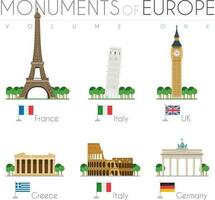 les monuments de L'Europe  dans dessin animé style le volume 1. Eiffel la tour -France, pise penché la tour -Italie, gros ben -Royaume-Uni, Parthénon -Grèce, colisée -Italie, et Brandebourg porte -Allemagne. vecteur illustration