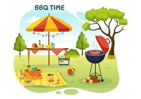 barbecue et gril ensemble vecteur illustration gens grillage ou un barbecue fête nourriture à parc dans Festival et été cuisine dessin animé main tiré modèles