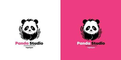 Panda vecteur logo illustration sur rose et blanc Contexte. panda tête logotype. mignonne animal visage signe conception modèle