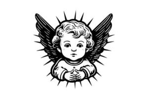 peu ange logotype vecteur rétro style gravure noir et blanc illustration. mignonne bébé avec ailes