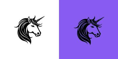 noir silhouette de gracieux Licorne logotype. Fée conte symbole. vecteur plat icône sur blanc et violet Contexte. la magie logo
