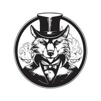 Loup magicien, ancien logo ligne art concept noir et blanc couleur, main tiré illustration vecteur